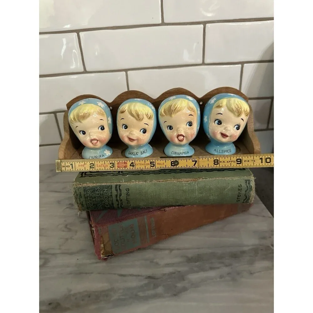 Vtg Napco Miss Cutie Pie Blue Spice Shaker Set Paprika Allspice Cinnamon Garlic